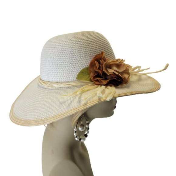 White Paper Straw Hat with Floral Embellish Wide Brim Sun Beach Hat main image 10